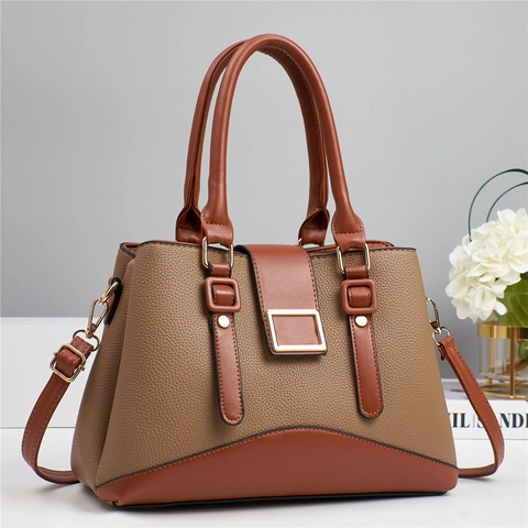 Women PU Leather Handbag Litchi Grain Contrast Color Crossbody Shoulder Bag With Metal Buckle Casual Fashion