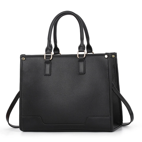 Women Large Capacity Tote Bag Lychee Textured PU Leather Double Handle Detachable Shoulder Strap Minimalist Office Travel Handbag