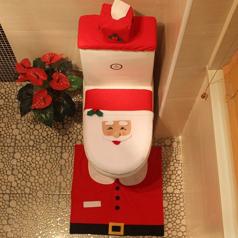 Navidad Papá Noel Cubierta Para Asiento De Inodoro Y Tapa De Tanque Y Alfombra Tela No Tejida Franela Decoración De Baño