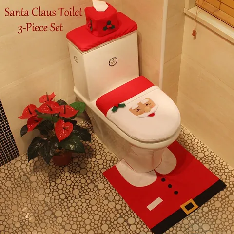 Decoración De Baño De Navidad Cubierta De Asiento De Inodoro Cubierta De Tanque Y Alfombra Tela Cepillada Papá Noel Muñeco De Nieve