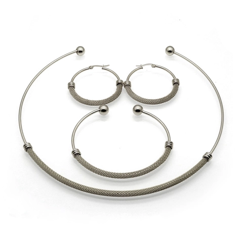 Set di Gioielli in Acciaio Inossidabile Design a Rete Girocollo Tondo Bracciale Rigido Orecchini a Cerchio per Donna