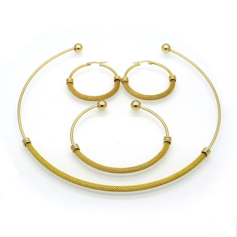 Set di Gioielli in Acciaio Inossidabile Design a Rete Girocollo Tondo Bracciale Rigido Orecchini a Cerchio per Donna