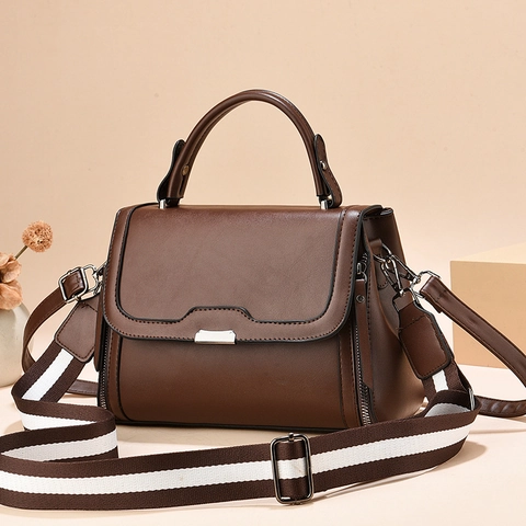 Dames PU Leren Schoudertas Brede Gestreepte Riem Handvat Mode Crossbody Tas Minimalistisch Street Style Flap