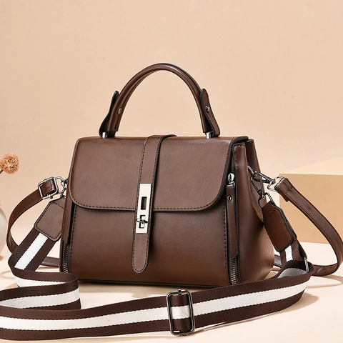 Dames PU Leren Schoudertas Brede Gestreepte Riem Handvat Mode Crossbody Tas Minimalistisch Street Style Flap