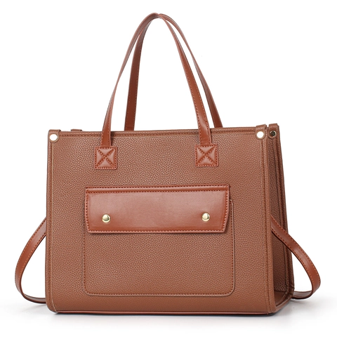 Tote Bag Lychee Texture PU Leather Large Capacity Contrast Color Commute Fashion Handbag With Detachable Shoulder Strap