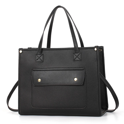 Tote Bag Lychee Texture PU Leather Large Capacity Contrast Color Commute Fashion Handbag With Detachable Shoulder Strap