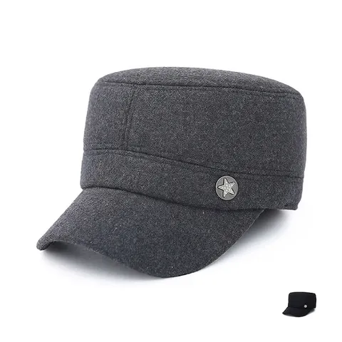 Berretto Cadet Da Uomo Invernale Cappello Piatto Lana Caldo Con Paraorecchi Distintivo Stella Metallo Esterno