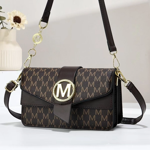 Women Shoulder Crossbody Bag PU Leather Letter M Print Pattern Flap Magnet Closure Retro Fashion Minimalist Handbag