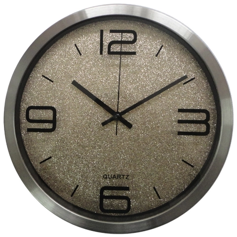 Orologio Da Parete Tondo Acciaio Inossidabile Cornice Metallo Quadrante Glitterato Quarzo Silenzioso Arredo Casa