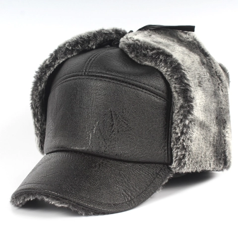 Men Trapper Hat Winter Warm Bomber Hat PU Leather With Faux Fur Lining Ear Flap Windproof Outdoor Cap For Elderly