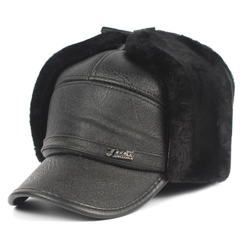 Men Trapper Hat Winter Warm Bomber Hat PU Leather With Faux Fur Lining Ear Flap Windproof Outdoor Cap For Elderly