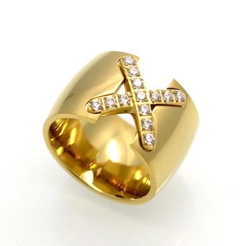 X-Shape Cross Wide Band Ring For Women Stainless Steel Micro Pave Cubic Zirconia Statement Jewelry Modern Elegant