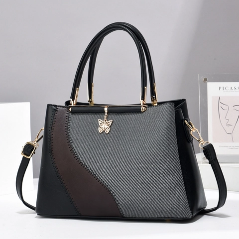 Bolso de Hombro Patchwork Bloque de Color Mujer Con Colgante Mariposa Bolso de Mano Elegante PU Tela Bolso Tote Cruzado