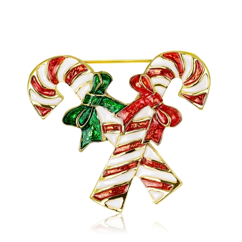 Broche Double Sucre d'Orge de Noël en Alliage Émaillé Strass et Perle Artificielle Nœud Bijoux de Fête Cadeau pour Femmes
