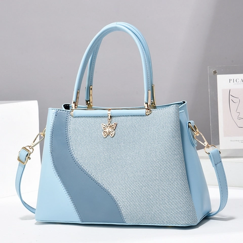 Bolso de Hombro Patchwork Bloque de Color Mujer Con Colgante Mariposa Bolso de Mano Elegante PU Tela Bolso Tote Cruzado