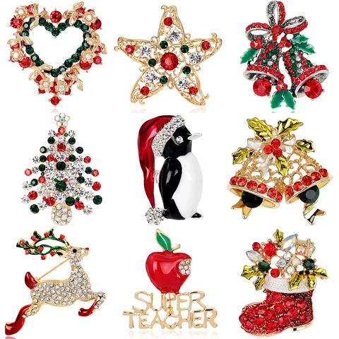 Christmas Brooches Alloy Rhinestone Enamel Reindeer Snowman Tree Bell Parrot Pins Holiday Party Jewelry Gift For Teacher