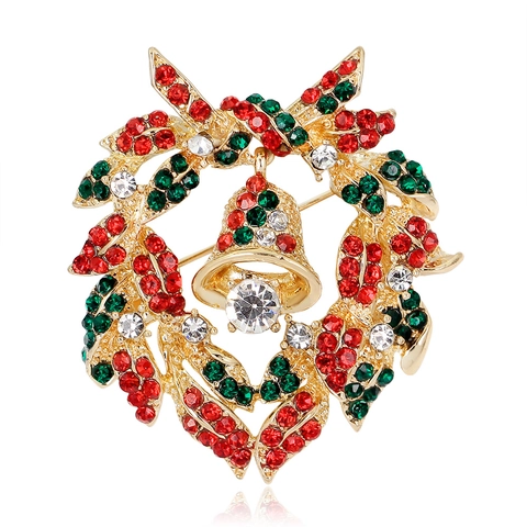 Christmas Wreath Bell Brooch Gold Alloy Red Green Rhinestone Bow Knot Festive Holiday Jewelry Brooch For Women Party Gift
