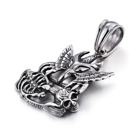 Ciondolo Aquila Teschio Gotico Acciaio Inossidabile Uomo Scheletro Alato Finitura Argento Antico Gioielli Punk Rock Biker