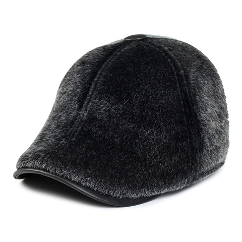 Men Winter Newsboy Cap Faux Mink Fur Flat Cap With Ear Flaps Warm Fleece Lined Vintage Outdoor