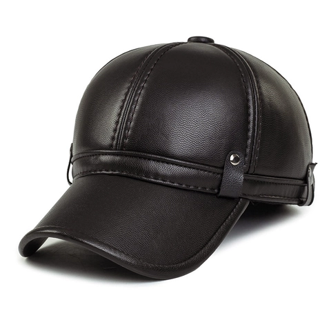 Men PU Leather Baseball Cap Winter Warm Ear Protection Peaked Hat Vintage Adjustable Windproof Solid Color Outdoor