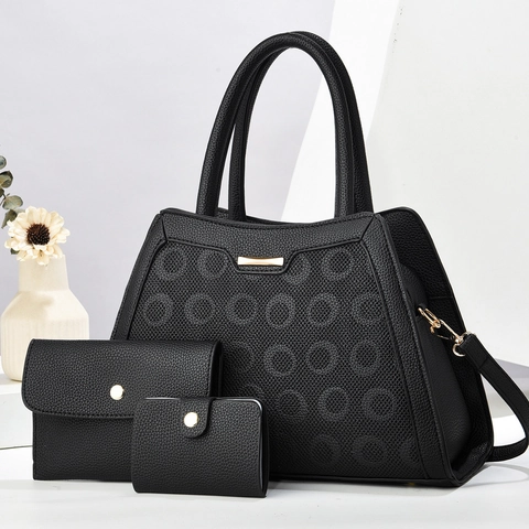 Damen PU Leder Tragetasche Set Mit Handtasche Und Kartenhalter Kreisförmig Geprägte Schultertasche Große Kapazität Handtasche