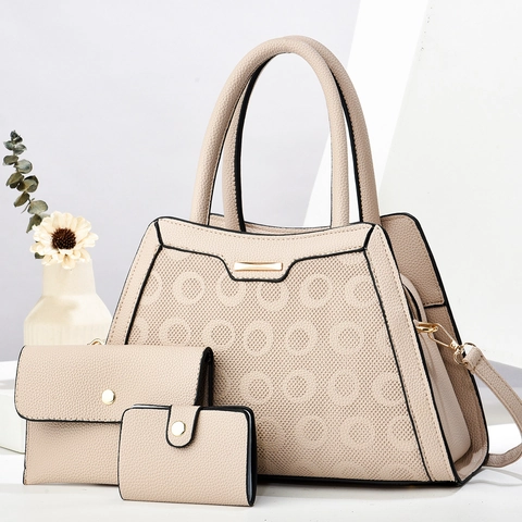 Damen PU Leder Tragetasche Set Mit Handtasche Und Kartenhalter Kreisförmig Geprägte Schultertasche Große Kapazität Handtasche