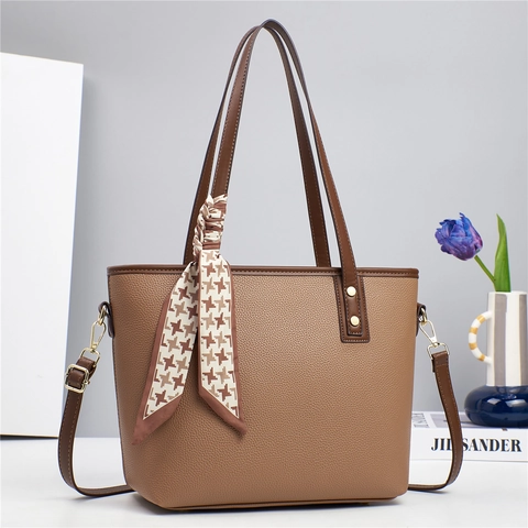 Women Tote Bag PU Leather Litchi Texture Handbag With Satin Scarf Large Capacity Crossbody Shoulder Bag Zipper Elegant