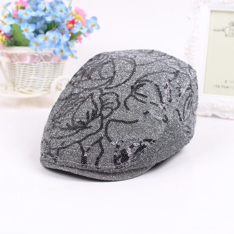 Boina De Mujer Con Lentejuelas Florales Algodón Gorra De Repartidor Bordado De Rosa Brillante Estilo Étnico Accesorio Ajustable