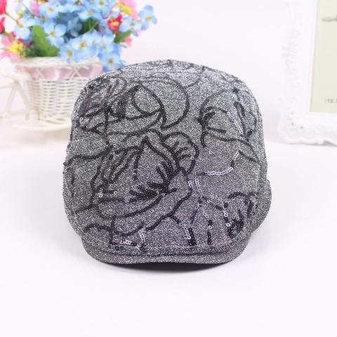 Boina De Mujer Con Lentejuelas Florales Algodón Gorra De Repartidor Bordado De Rosa Brillante Estilo Étnico Accesorio Ajustable