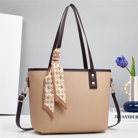Borsa Tote Donna Retro in Pelle PU Moda Grande Capacità Borsa a Tracolla Con Sciarpa di Seta Pied de Poule Handbag