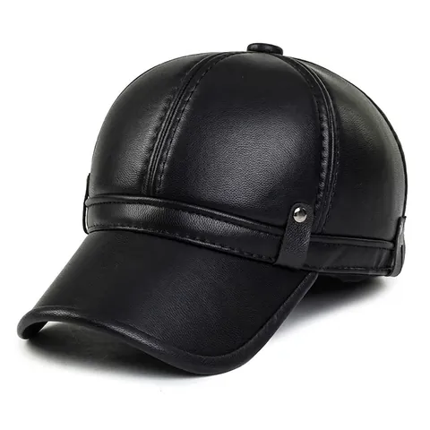 Men PU Leather Baseball Cap Winter Warm Ear Protection Peaked Hat Vintage Adjustable Windproof Solid Color Outdoor