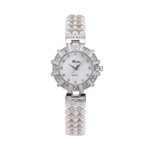 Reloj de Cuarzo de Lujo para Mujer Correa de Perlas Artificiales Caja de Aleación con Strass Reloj de Pulsera Elegante