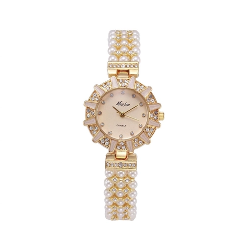 Reloj de Cuarzo de Lujo para Mujer Correa de Perlas Artificiales Caja de Aleación con Strass Reloj de Pulsera Elegante