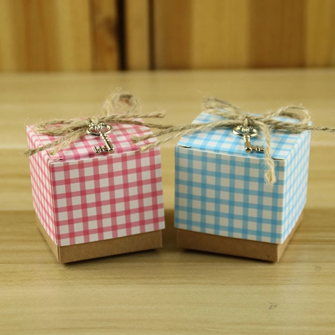 European Style Plaid Candy Box Kraft Paper Gift Case With Jute Rope And Metal Key For Wedding Party Favor Packaging