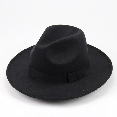 Vintage Wide Brim Fedora Hat Polyester Felt Jazz Cap With Grosgrain Ribbon Bow For Men Women