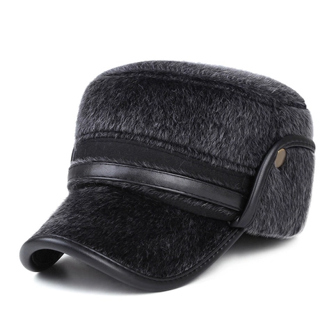 Men Winter Cadet Cap Flat Top Hat Faux Fur Thick Warm Ear Protection Windproof Outdoor Military Style