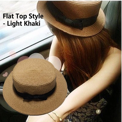 Women Retro Flat Top Straw Boater Hat With Bow Ribbon Wide Brim Summer Sun Protection Breathable Foldable Beach Travel Hat