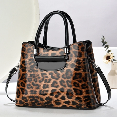 Sac À Main En Cuir PU Verni Léopard Grande Capacité Bandoulière Sac Fourre-tout Pour Femmes Style Rétro Mode