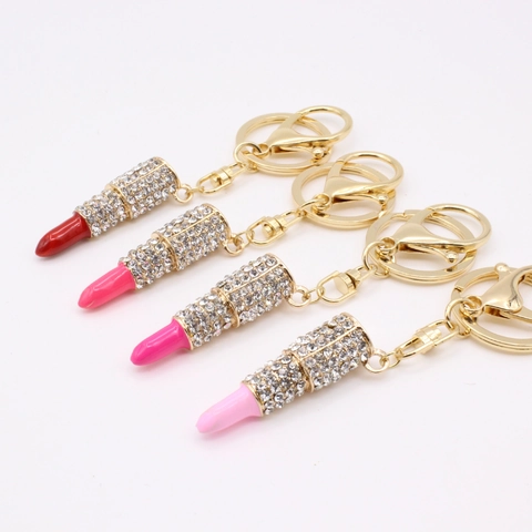 Fashionable Rhinestone Lipstick Keychain Gold Plated Alloy Lip Balm Shape Key Ring Sparkling Enamel Bag Pendant For Women