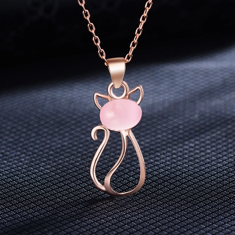 Collana Con Ciondolo A Forma Di Gatto Carino In Rame Placcato Con Pietra Di Ibisco Rosa Gioielli Di Moda Animale