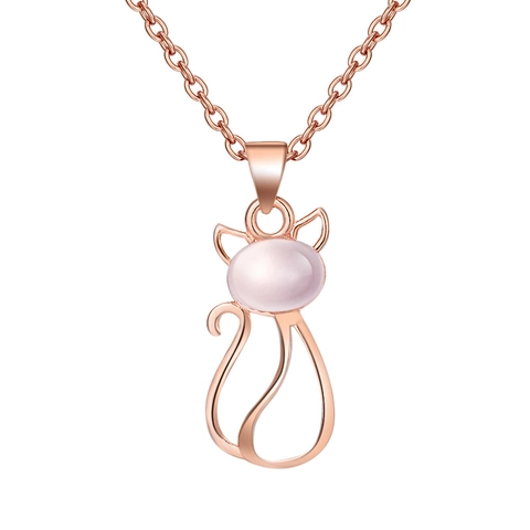 Collana Con Ciondolo A Forma Di Gatto Carino In Rame Placcato Con Pietra Di Ibisco Rosa Gioielli Di Moda Animale