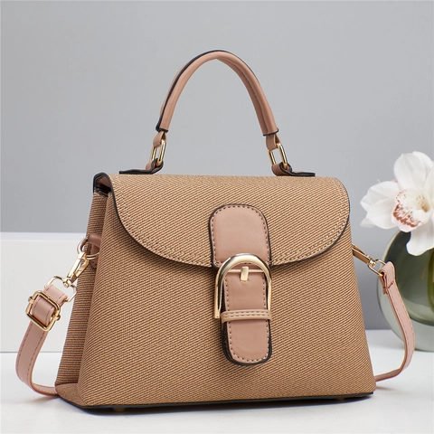 Retro Trapezoid Handbag Canvas Textured Fabric Messenger Bag With PU Leather Trim Gold Horseshoe Buckle Detachable Strap Women