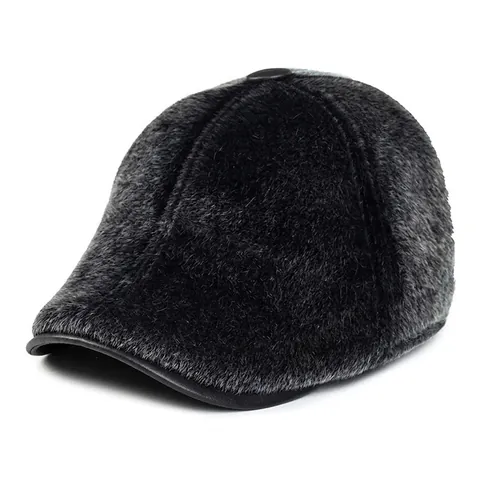 Men Winter Newsboy Cap Faux Mink Fur Flat Cap With Ear Flaps Warm Fleece Lined Vintage Outdoor