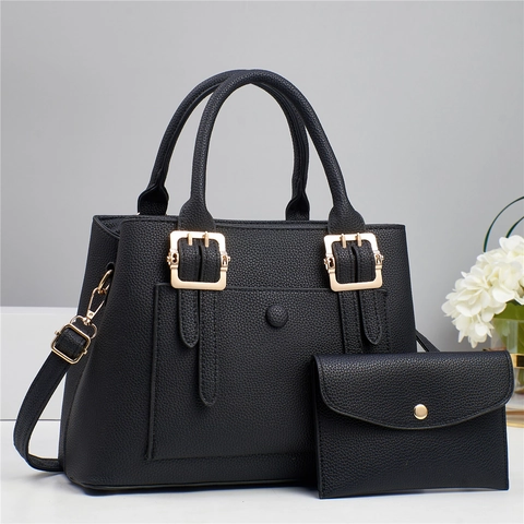 Large Capacity Litchi Grain PU Leather Handbag With Matching Pouch Minimalist Commuter Tote Shoulder Bag For Women Daily Work