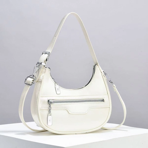 Sac Hobo Croissant En Cuir PU Pour Femme Porté Épaule Et Bandoulière Avec Poche Zippée Avant Style Urbain Rétro