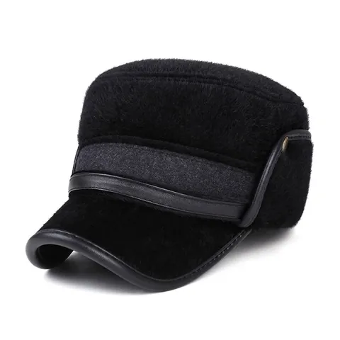 Men Winter Cadet Cap Flat Top Hat Faux Fur Thick Warm Ear Protection Windproof Outdoor Military Style