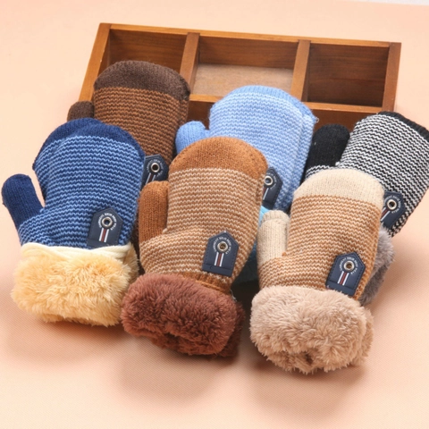 Muffole a Maglia Calde Invernali per Bambini Muffole a Righe Jacquard con Polsini in Peluche Ispessiti per Bambini Ragazzi Ragazze Casual