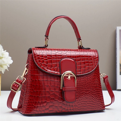 Elegant Women Handbag PU Leather Crocodile Pattern Trapezoid Gold Buckle Top Handle Crossbody Shoulder Bag