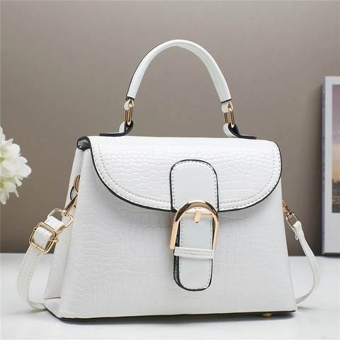 Elegant Women Handbag PU Leather Crocodile Pattern Trapezoid Gold Buckle Top Handle Crossbody Shoulder Bag