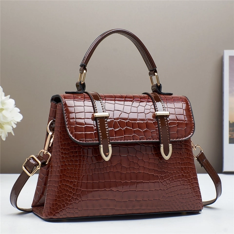 Borsa a Mano da Donna Motivo Coccodrillo Pelle PU Lucida Manico Superiore Tracolla con Hardware Oro Borsa Moda Retro